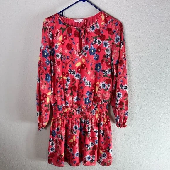 Parker Smocked Drop Waist Mini Dress Floral Deep Coral Size S - Picture 5 of 11